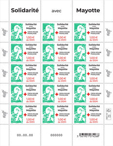 Feuille de 15 timbres - Solidarité avec Mayotte - Croix-Rouge française - Lettre verte