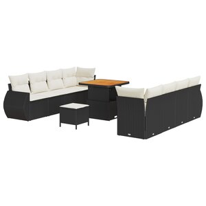 Ensemble de Canapé Jardin 11 Pièces Noir Poly Rattan Acacia