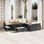 Canapé de jardin 13 pièces avec coussins noir poly rotin acacia
