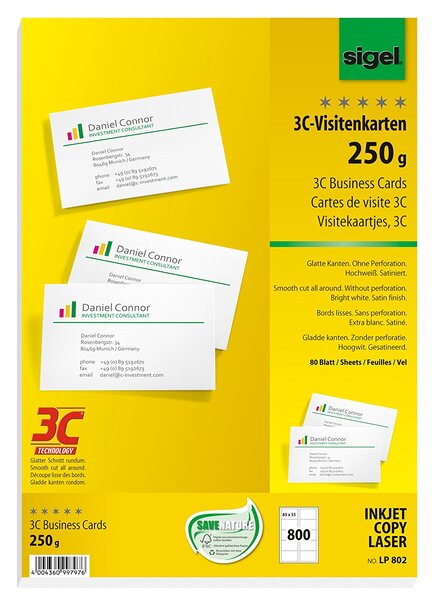 Cartes de visite 3c  85 x 55 mm  250 g/m2  extra blanc  800 sur 80f sigel
