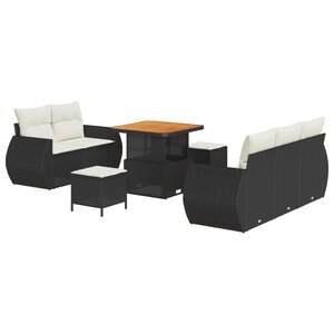 Ensemble de Canapés de Jardin 8 Pièces avec Coussins Noir Rattan Poly Acacia