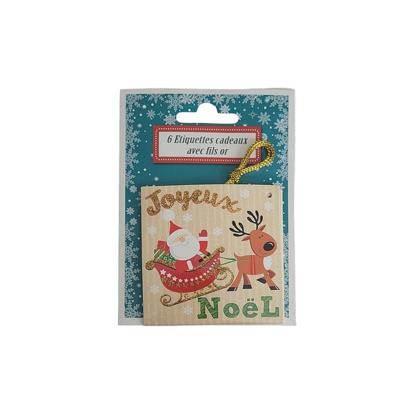 6 Étiquettes Cadeaux Noël Cordon Doré - Père Noêl Et Son Traineau