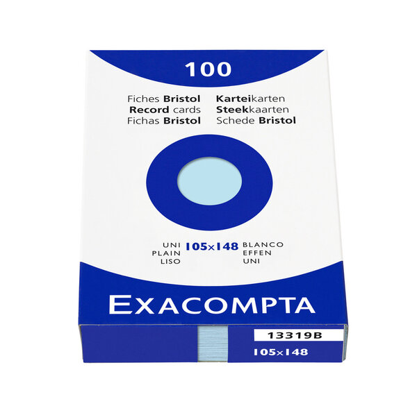 Étui de 100 fiches bristol uni non perforé 105x148mm Azur EXACOMPTA
