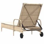 vidaXL Chaise longue avec roues et coussin beige résine tressée