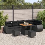 Ensemble de Canapés de Jardin 9 Pièces avec Coussins Noir Poly Rattan Acacia