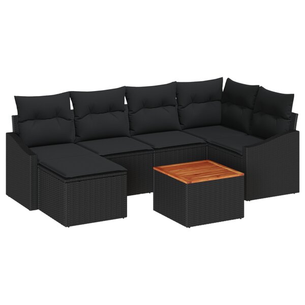 vidaXL Ensemble de canapé de jardin 7 pièces avec coussins noir en poly rattan acacia