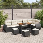 Ensemble de Canapé de Jardin 10 Pièces avec Coussins Noir Poly Rattan Acacia