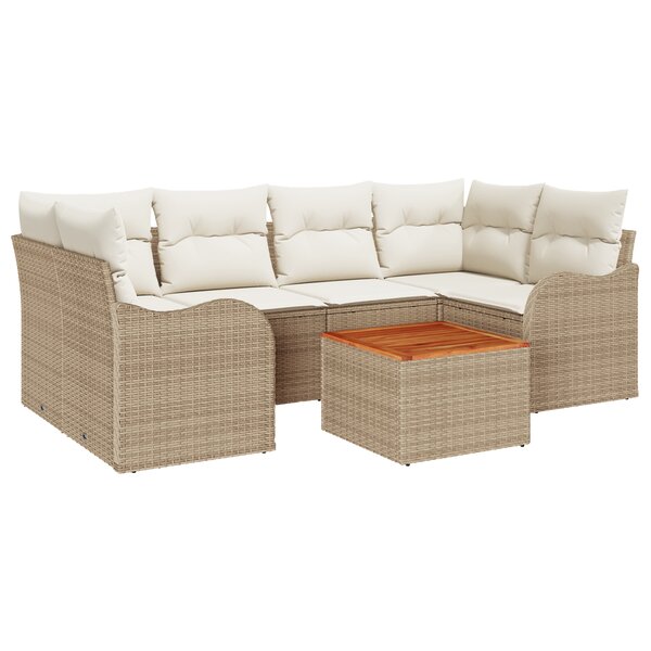 Ensemble de Salon de Jardin 7 pièces avec Coussins Beige en Rattan Synthétique et Acacia