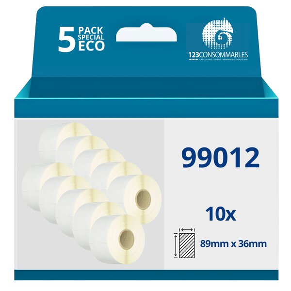 123CONSOMMABLES - Pack de 10 rouleaux Etiquettes compatibles avec DYMO LABELWRITER 99012 - 89 x 36 mm - 2600 Etiquettes
