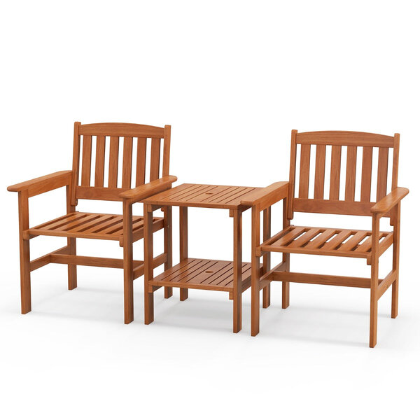 Ensemble de meubles de patio 2 places en bois salon de jardin avec 2 chaises table basse et trou pour parasol 20_0008485