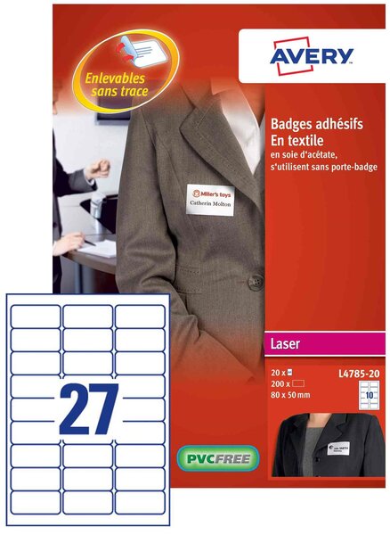 Bte de 540 Badges Adhésifs Textile 63,5 x 29,6 mm Laser Blanc AVERY ZWECKFORM