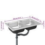 vidaXL Évier de cuisine à double lavabo argenté 800x500x155 mm inox