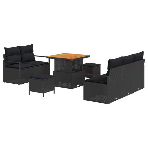 Ensemble de canapé de jardin 8 pièces avec coussins noir poly rattan acacia
