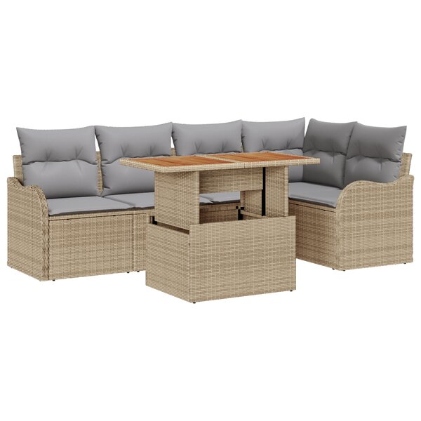 Ensemble de Canapés de Jardin 6 Pièces avec Coussins Beige Rattan Poly