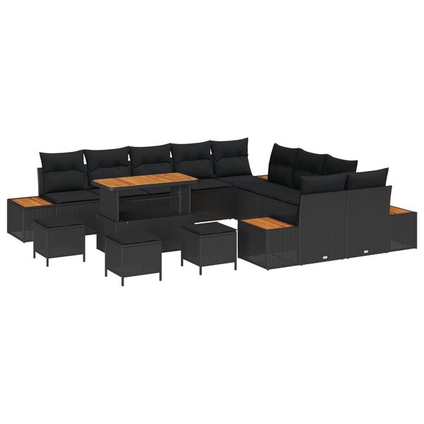 Ensemble de canapé de jardin vidaXL 14 pièces avec coussins noir poly rattan acacia