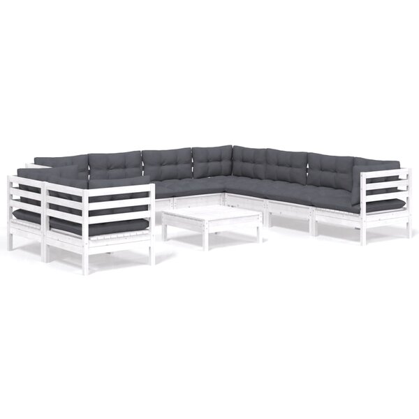 vidaXL Salon de jardin 10 Pièces avec coussins blanc bois de pin massif