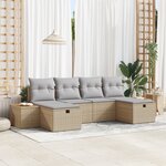 Canapé de jardin 6 pièces avec coussins beige en poly rotin