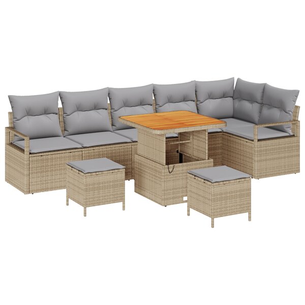 Ensemble de Canapé de Jardin 9 Pièces avec Coussins Beige Poly Rattan Acacia