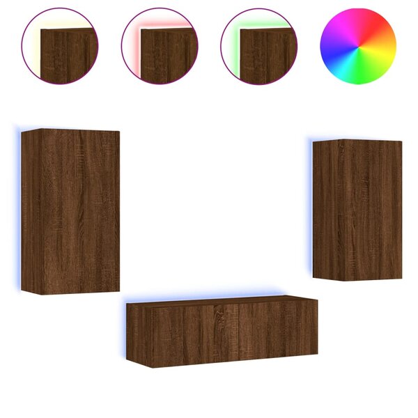 vidaXL Meuble TV muraux 3 Pièces avec lumières LED chêne marron