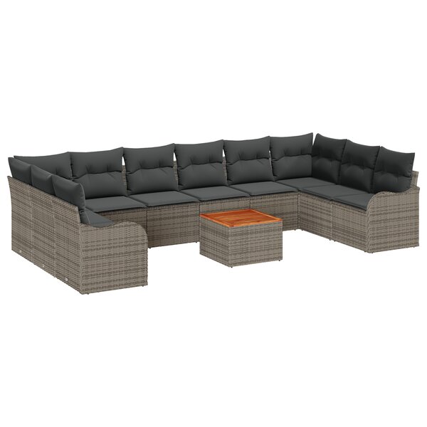 Canapé de jardin 11 pièces avec coussins gris en poly rattan et acacia