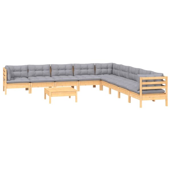 Salon de jardin meuble d'extérieur ensemble de mobilier 10 pièces avec coussins gris bois de pin solide 02_0015040