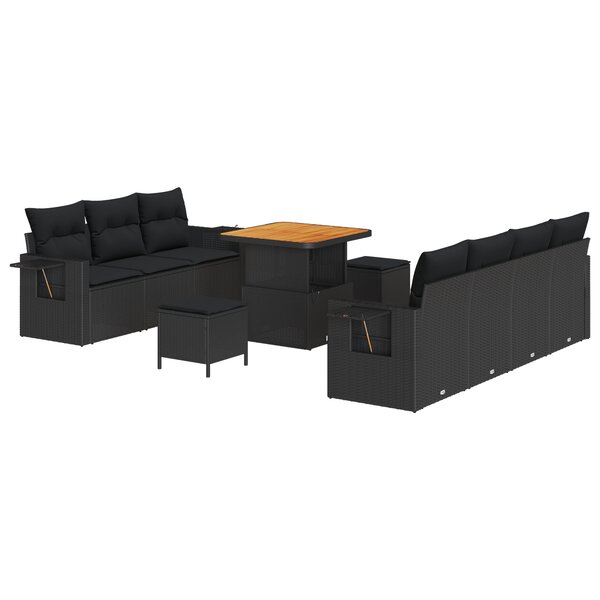 Ensemble de Sofa de Jardin 10 pièces avec Coussins Noir Rattan Poly Acacia