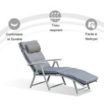 Bain de soleil pliable transat inclinable 7 positions chaise longue grand confort avec matelas + accoudoirs métal époxy textilène polyester gris