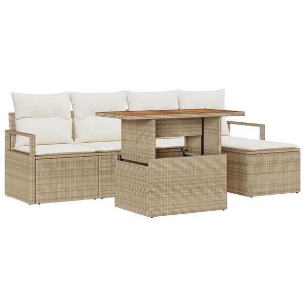 Ensemble de Canapé de Jardin 6 Pièces avec Coussins Beige en Rotin Poly