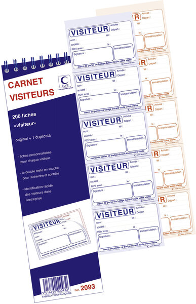 Bloc Spirale '200 Fiches badges VISITEURS 322X89 40F autocopiant ELVE