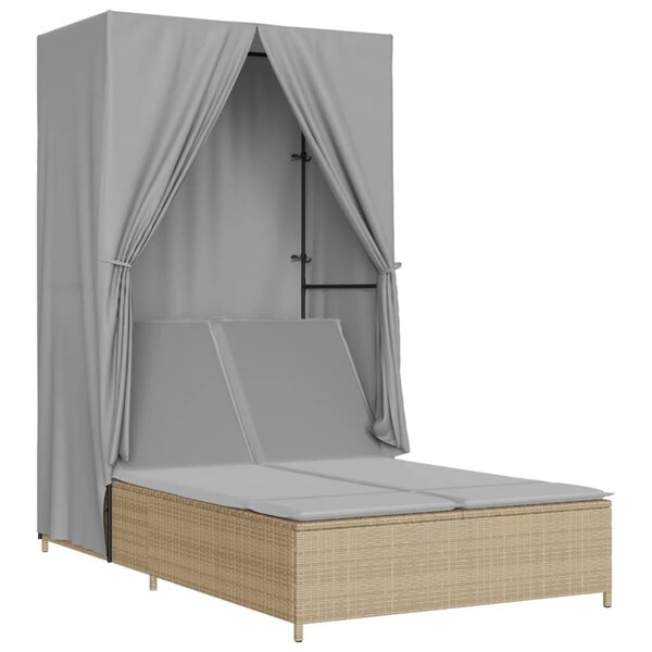 vidaXL Chaise longue double avec toit et rideaux beige résine tressée