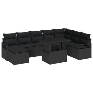 Ensemble de canapé de jardin de 9 pièces avec coussins noir en poly rotin