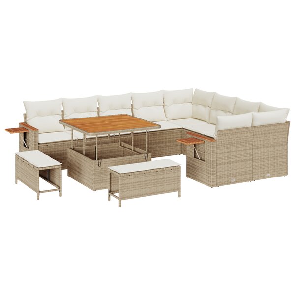 Ensemble de canapés de jardin 12 pièces avec coussins en poly rotin beige et acacia