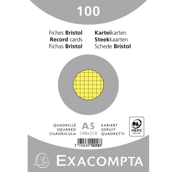 Paquet de 100 Fiches bristol jaune 5x5 148x210 s/film NP EXACOMPTA