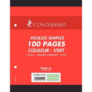 Sachet 50 feuilles perforées seyès 80 g vert format 17 x 22 cm CONQUERANT
