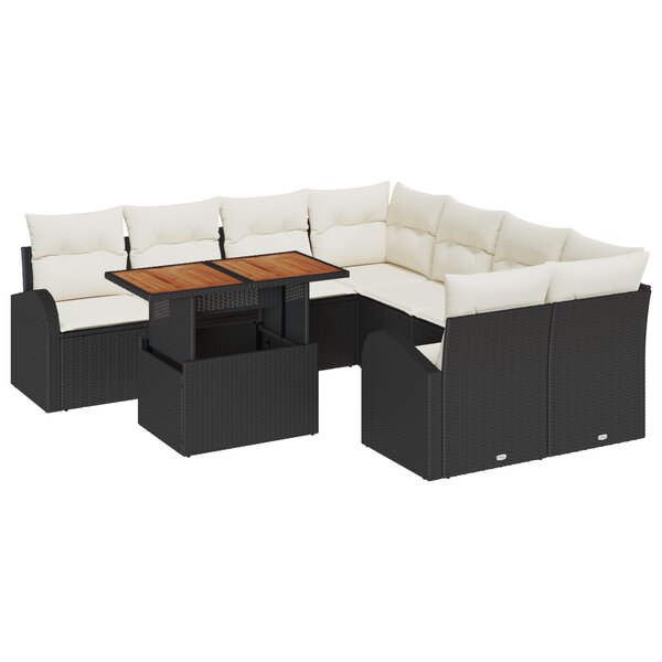 vidaXL Ensemble de Salle à Manger de Jardin en 9 pièces avec Coussins Noir Poly Rattan Acacia