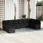 Set de 10 pièces de Canapé de Jardin avec Coussins Noir Poly Rattan