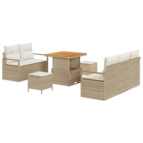 Ensemble de Canapé de Jardin de 8 Pièces avec Coussins Beige Rattan Poly Acacia