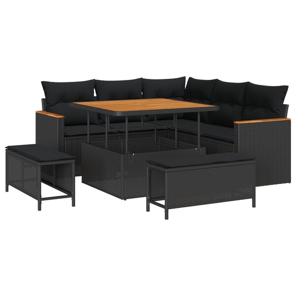 Ensemble de canapé de jardin 8 pièces avec coussins Noir Poly Rattan Acacia