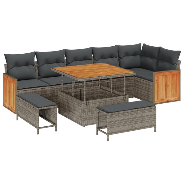Set de canapé de jardin 9 pièces avec coussins en rotin poly gris