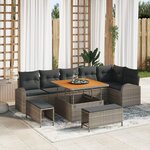 Ensemble de Canapé de Jardin de 9 Pièces avec Coussins Gris Rattan Poly Acacia