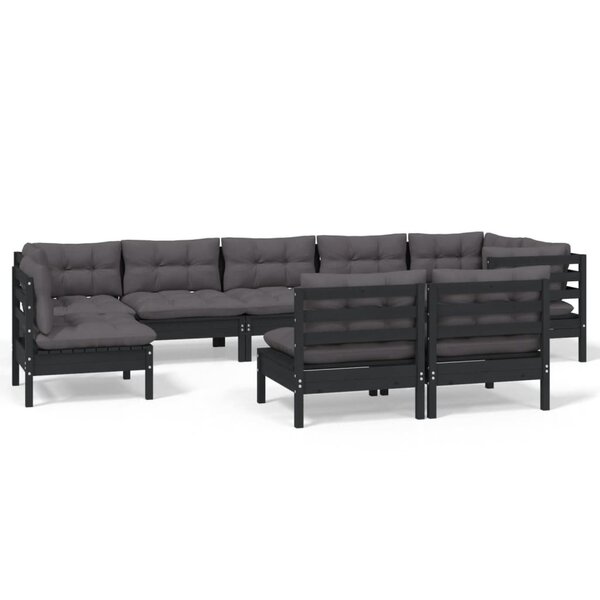 vidaXL Salon de jardin 9 Pièces avec coussins Noir Bois de pin massif