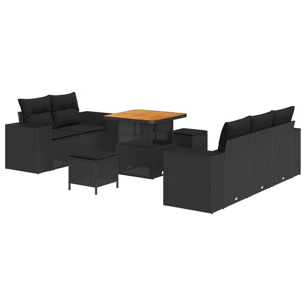 Ensemble de Canapé de Jardin 8 Pièces avec Coussins Noir Poly Rattan Acacia