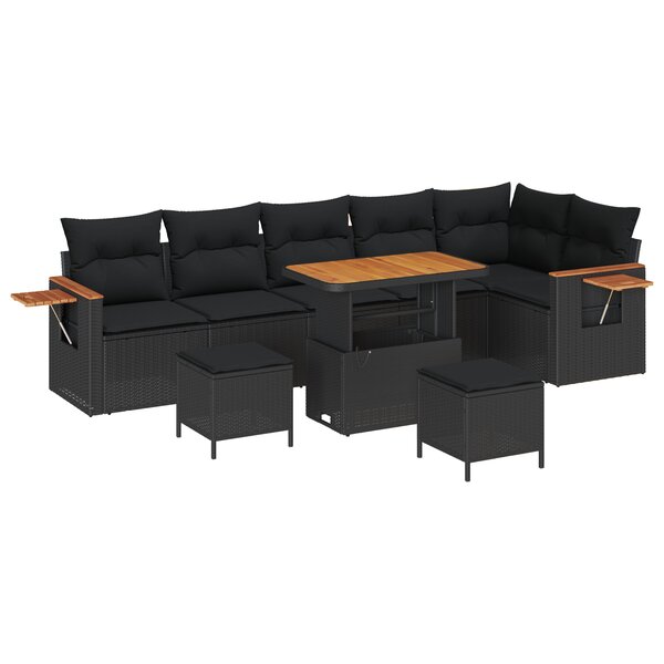 Ensemble de canapé de jardin 9 pièces avec coussins noir poly rotin acacia