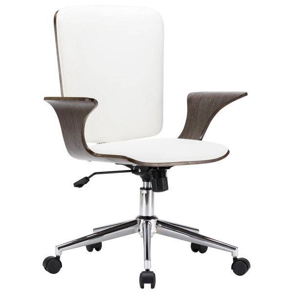 Chaise fauteuil siège pivotante de bureau informatique étude similicuir et bois courbé blanc 02_0024087