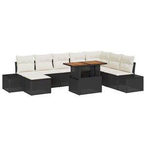 vidaXL Ensemble de salle à manger de jardin 9 pièces avec coussins en poly rattan noir et acacia