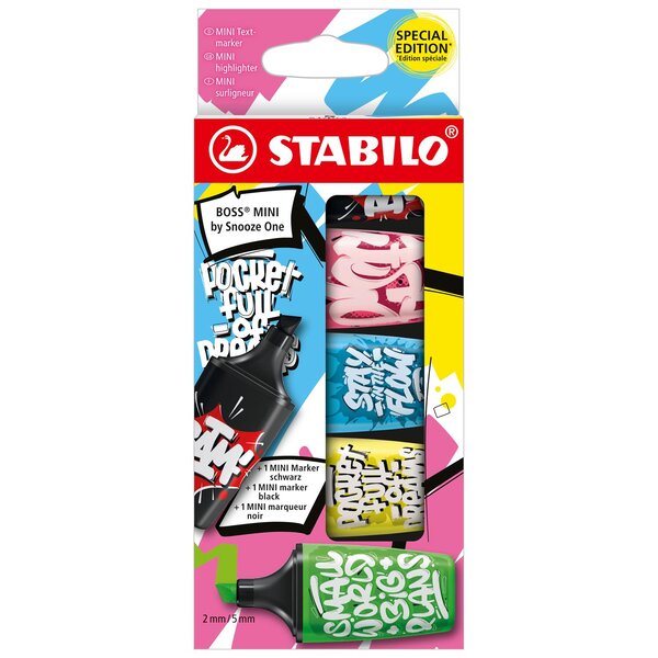 5 mini surligneurs BOSS MINI by Snooze One - vert + jaune + bleu + rose + noir x 10 STABILO