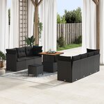 Ensemble de canapés de jardin de 10 pièces avec coussins en poly rattan noir et acacia