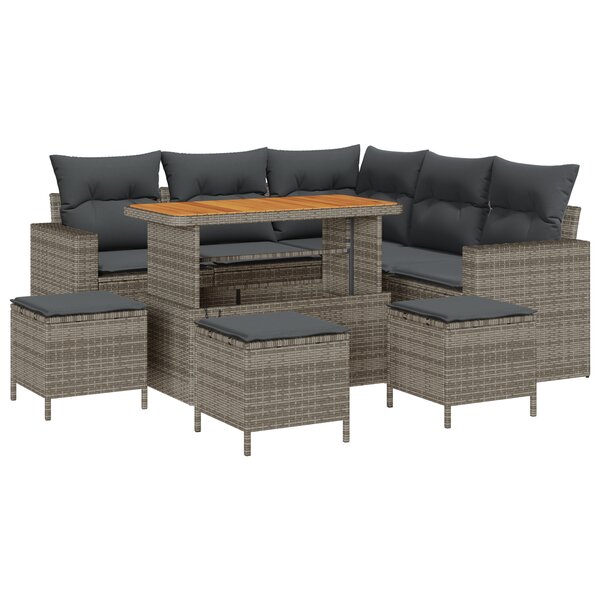 Ensemble de Canapé de Jardin 9 Pièces avec Coussins Gris Poly Rattan Acacia