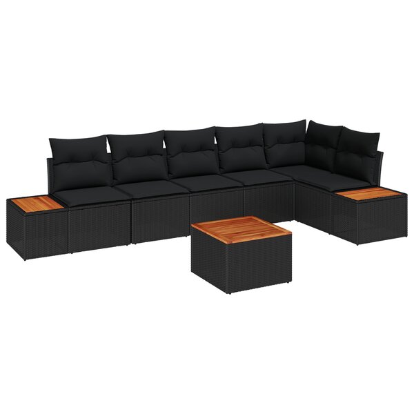 Ensemble de canapé de jardin 7 pièces avec coussins en rotin noir et bois d'acacia