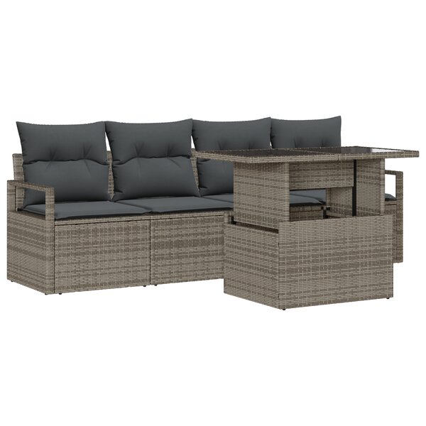 Canapé de Jardin 5 Pièces avec Coussins Gris Poly Rattan